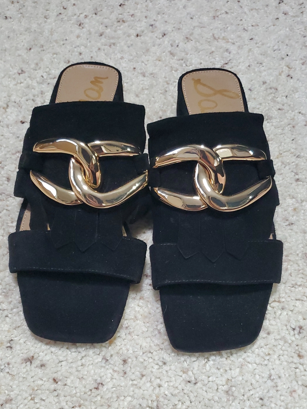 Sam Edelman Black Suede Slide Mules with Gold Chain Detail